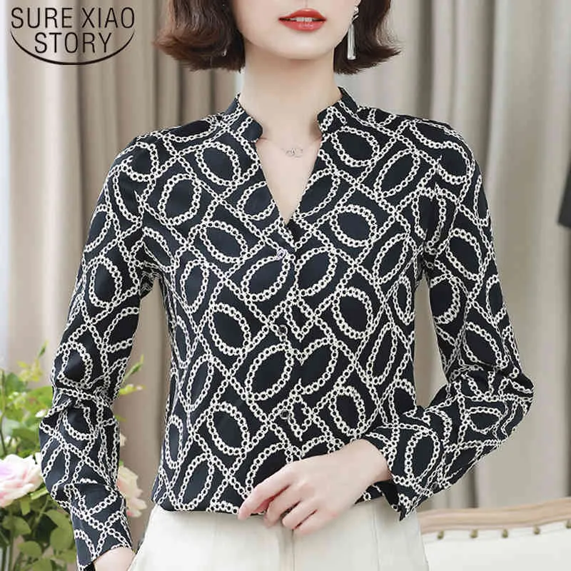 Camicia a maniche lunghe con stampa a maniche lunghe da donna stile coreano Camicia sexy con scollo a V Office Lady Camicetta Primavera arrivo Top 8214 50 210521