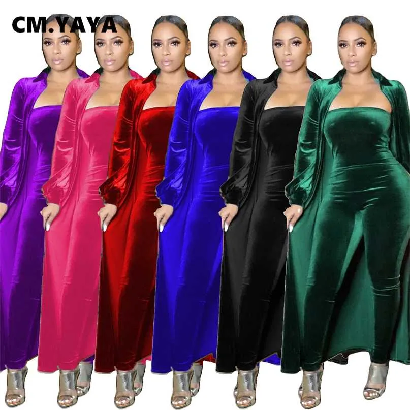 CM.Yaya Active Velvet SweatSuit Deux 2 pièces Ensemble pour Femmes Fitness Outfit Tops X-Long Tops + Bodycon Romper Tracksuit 211105