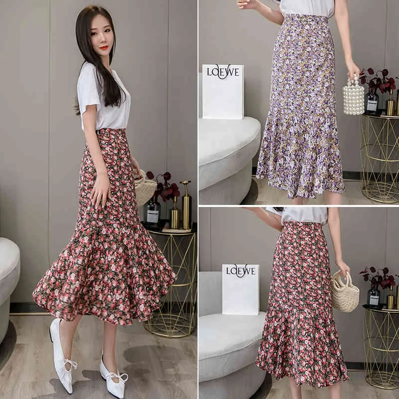 Kvinnor Skriv ut Chiffong kjol damer hög midja sommar lång mode asymmetrica 210514