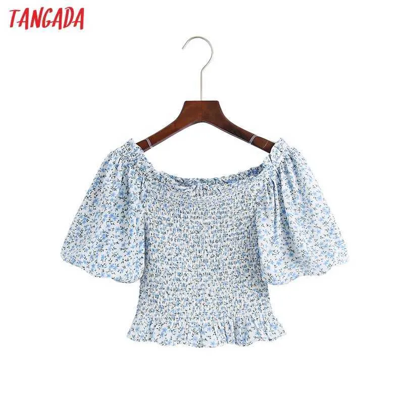 Tangada Women Retro Blue Floral Print Crop Shirt Puff Short Sleeve Summer Chic Female Sexy Slim Shirt Tops 6Z127 210609