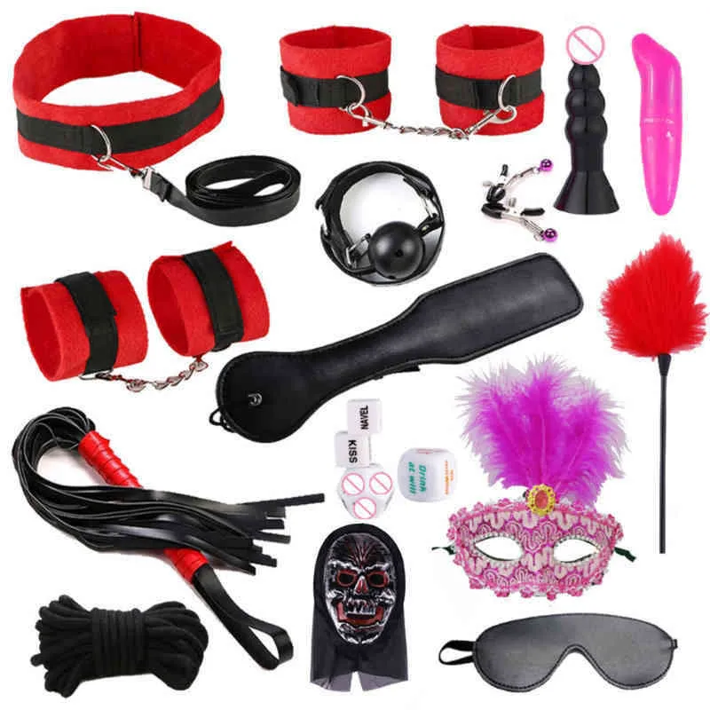 Nxy SM-Bondage-Bettspielset für Erwachsene, für Damen und Herren, bequemes Fesselset, Romantik, Bdsm-Sexspielzeug, Vibrator, Brustwarzenklemme, E-Sk-1223