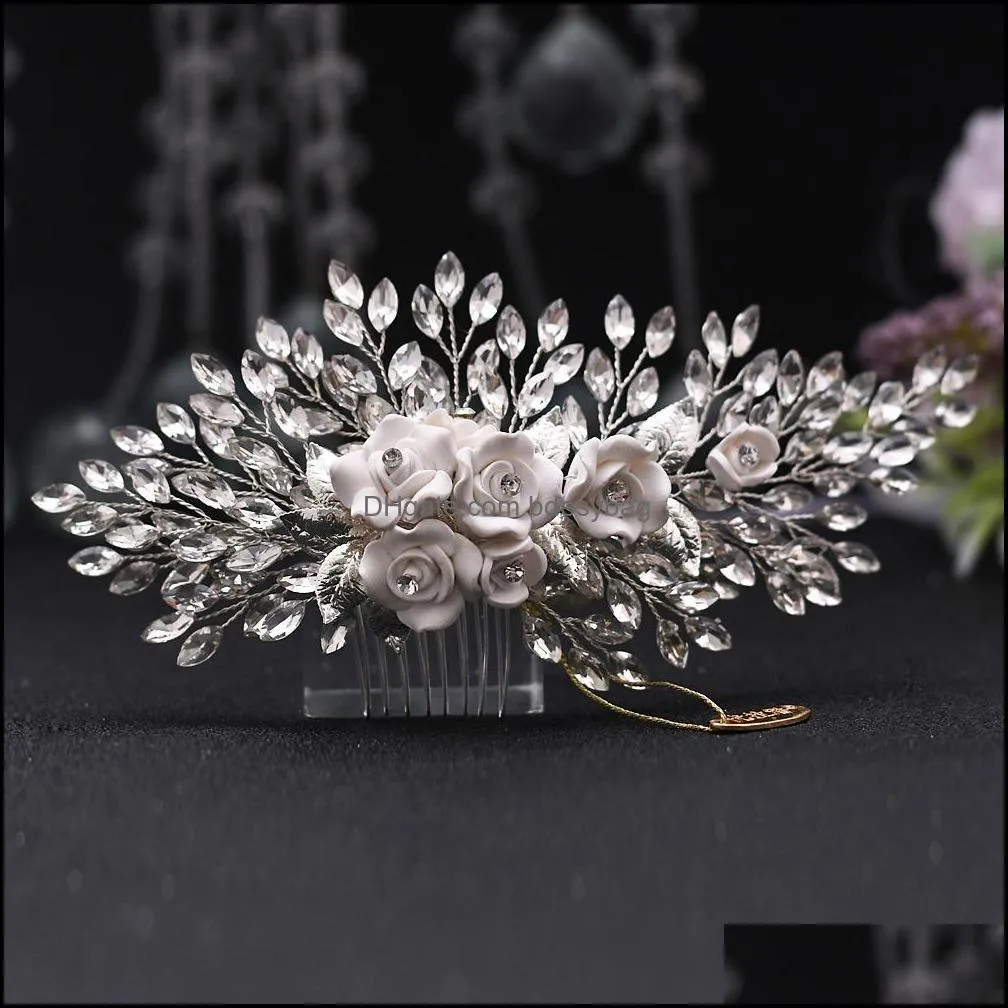 Soft Clay Flower Rhinestone Bride Headwear Comb Wedding Hair Accessories Girl Prom Party Hair Ornaments Handmad Tiara