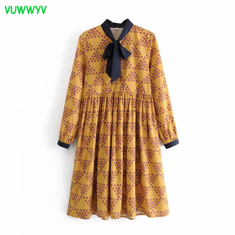 Spring Korean Yellow Polka Dot Dress Women Contrast Tie Pleated Woman Fashion Out Going Ladies es Long Sleeve 210430