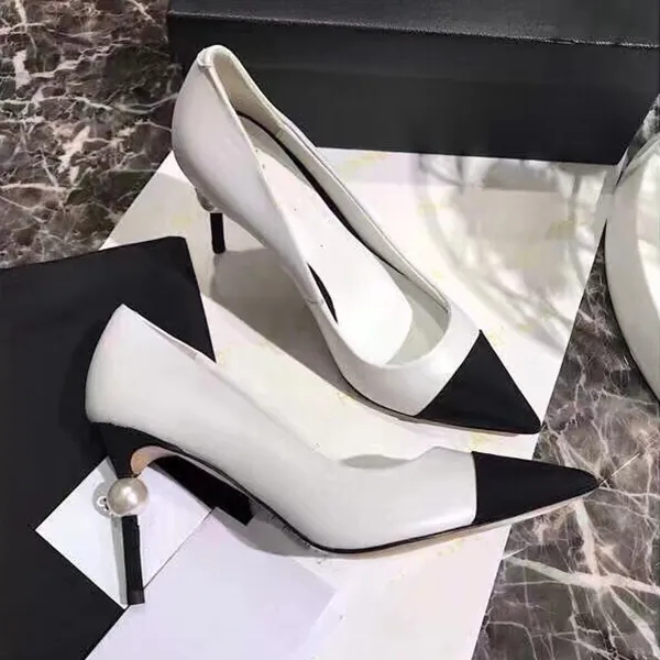 High Heels OL Dress Shoes Goatskin Grosgrain Sexy Pointed Toe Pumps Women Genuine Leather Fashion Pearl Sandals With Box Beige White Black Footwears