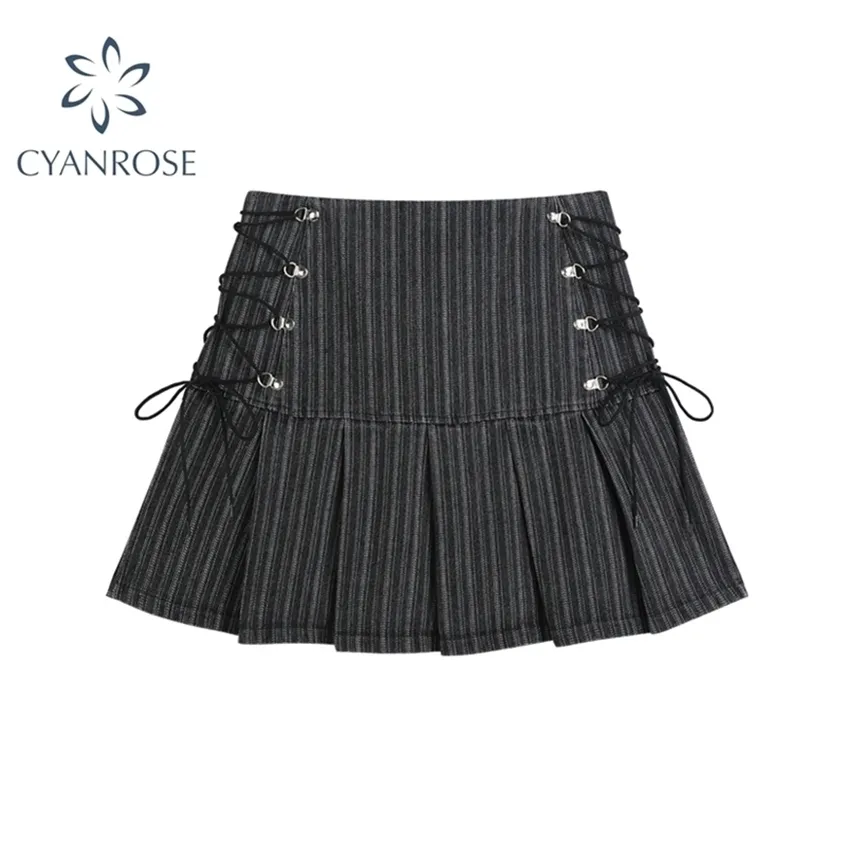 Y2K veckad kjol Kvinnor sexiga höga midja Sid Grey Stripe Bandage Mini S Summer Harajuku Streetwar 220224