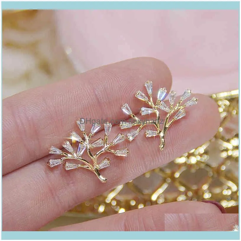 Ins Fashion Transparent Crystal Tree Leaf Earring for Girl 14k Real Gold Aaa Zirconia Stud Bijoux Pendant