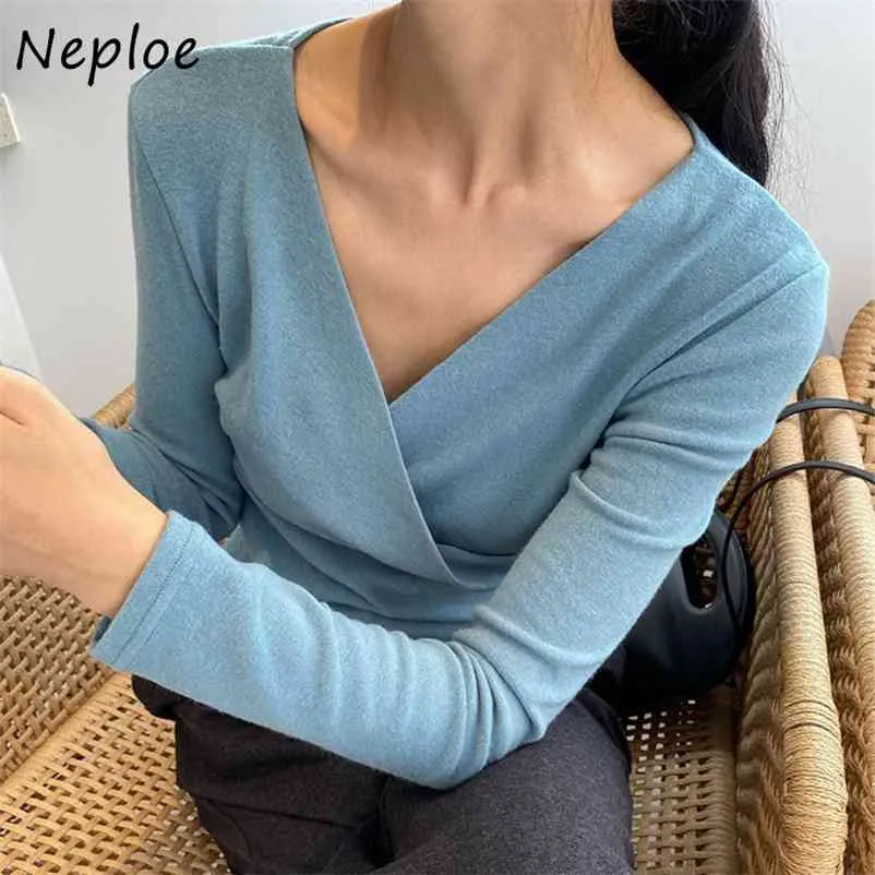V Neck Pullover Manga Longa Camiseta Mulheres Slim Fit Sold Spring Outwear Tees Femme All Match Soft Ladies Top 210422