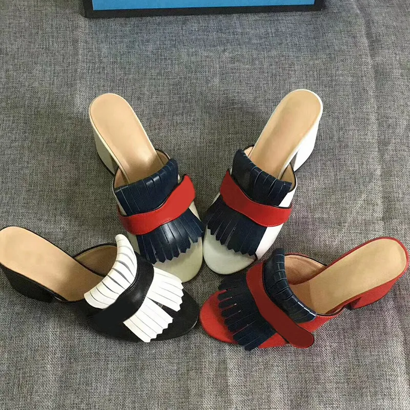 럭셔리 여성 Marmont 샌들 하이힐 플랫폼 슬라이드 스웨이드 가죽 프린지 더블 톤 하드웨어 빈티지 미드 힐 디자이너 신발