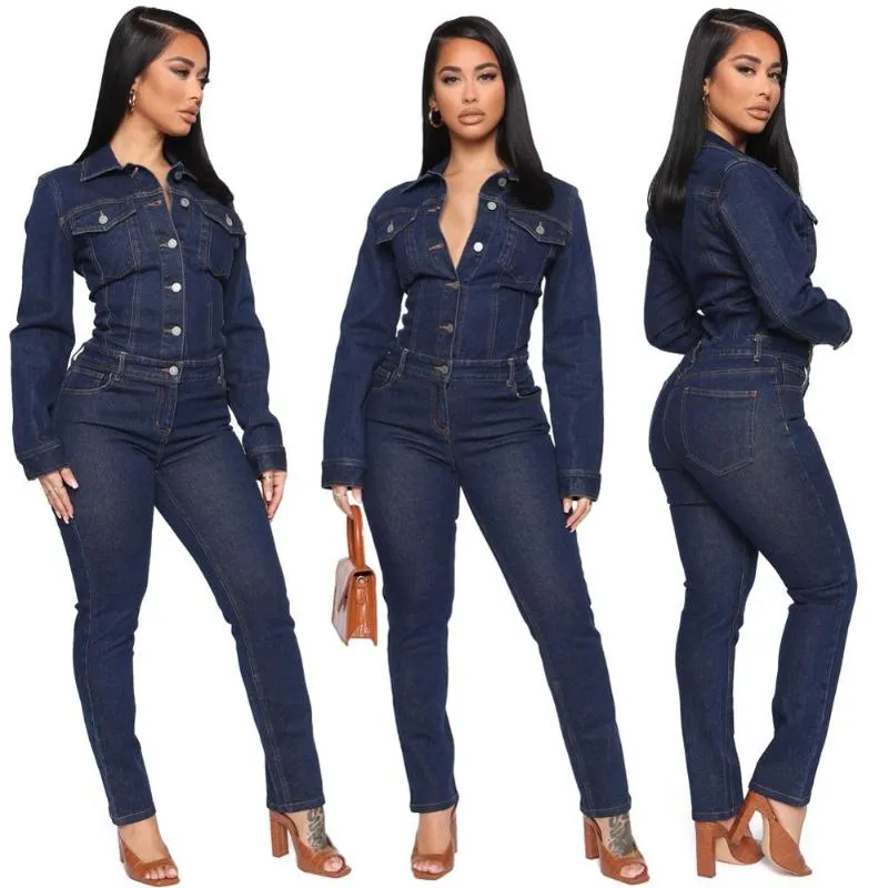 Tute da donna Pagliaccetti Taglie forti Tuta di jeans invernali Tuta di jeans casual aderente a maniche lunghe da donna sexy