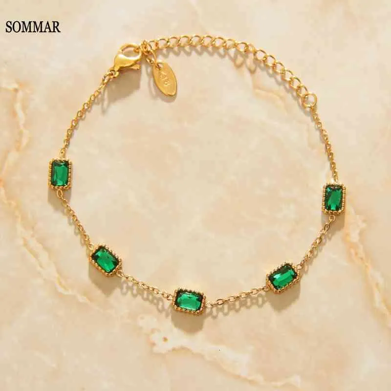 Sommar Vintage Love 18kgp Gold Filled Female 15+5cm Bracelet for Men Green Zircon, Golden Square Anchor Jewelry