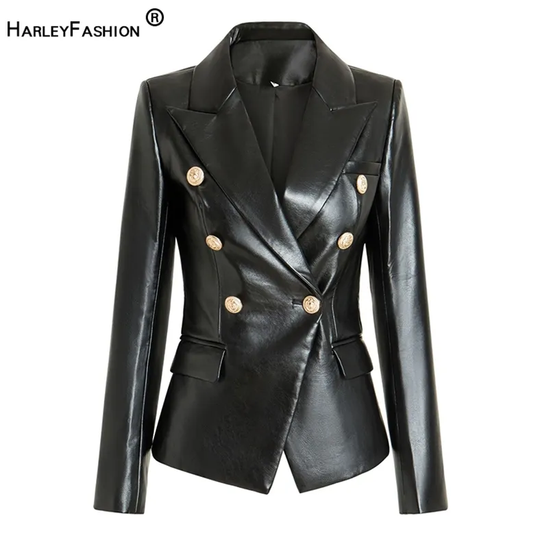 HarleyFashion Europeia Americana Top Quality PU Couro Fittness Gold Botões Slim High Street Mulheres Black Blazer 211019