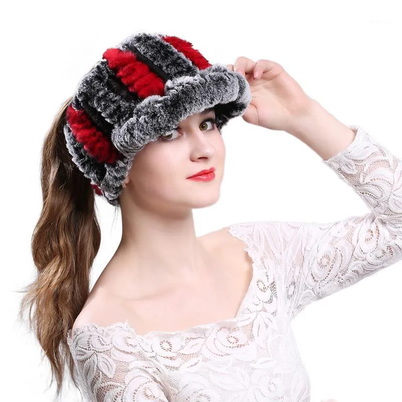 Winter Fashion Knit Real Fur Hats Women Warm Skullies Beanie Ski Snow Cycling Caps Masks