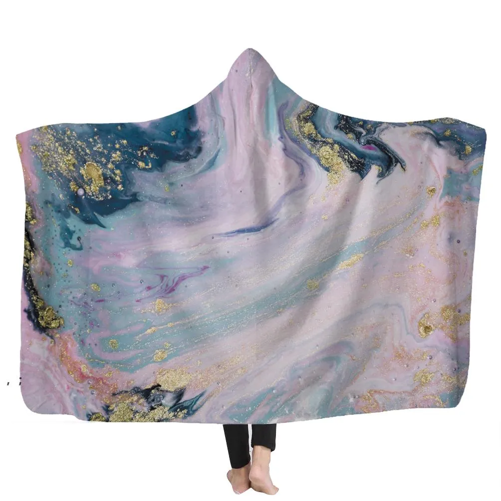 Psychedelic Art Marble Swirl blanket Gouache flowing gold Children Hooded Blanket Soft Warm Sherpa Fleece wearable Blankets for JJD11124