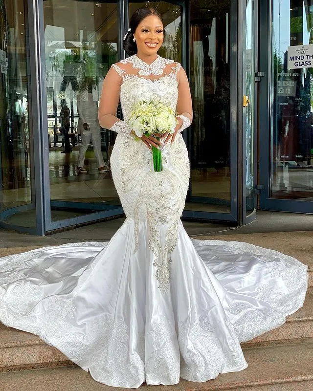 Арабский ASO EBI 2021 роскошные русалки сексуальные свадебные платья из бисера кристаллы с бисером кристаллы кружевные шеи съемные поезда свадебные платья ZJ464