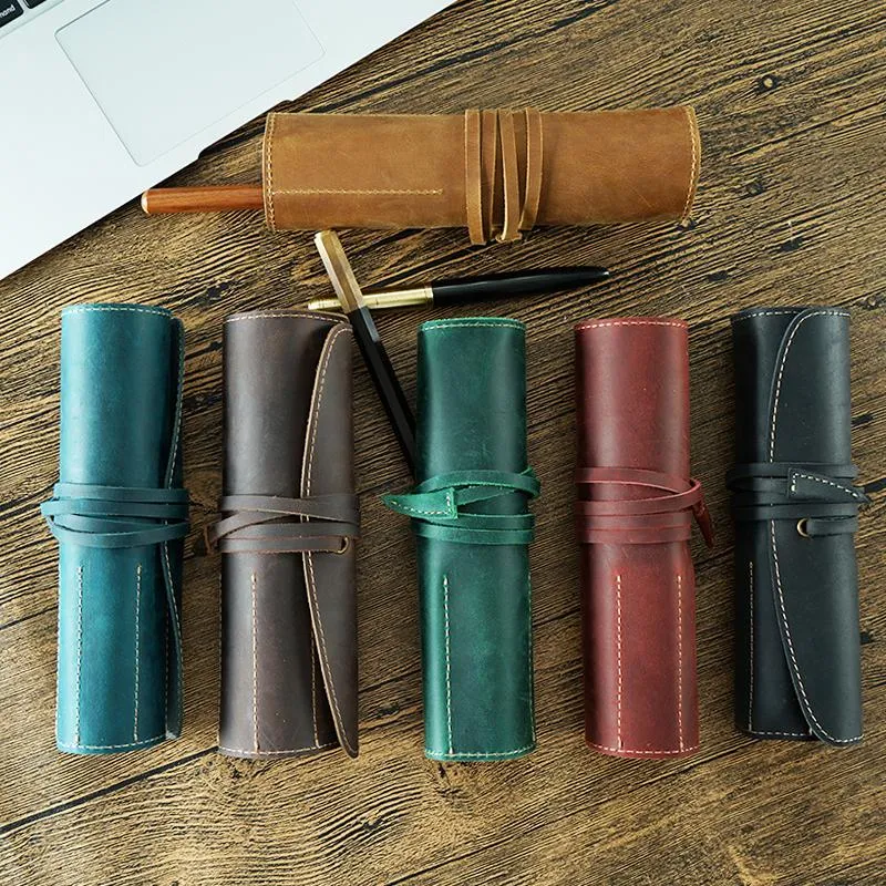 Pencil Bags Genuine Leather Case Roller Blind Pen Cowhide Men And Women College Student Stationery Bag