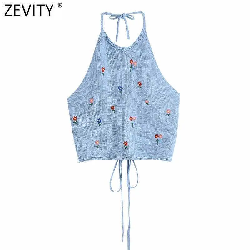 Zevity Women Chic Floral Embroidery Knitting Halter Camis Tank High Street Ladies Summer Backless Lace Up Crop Tops LS9417 210603