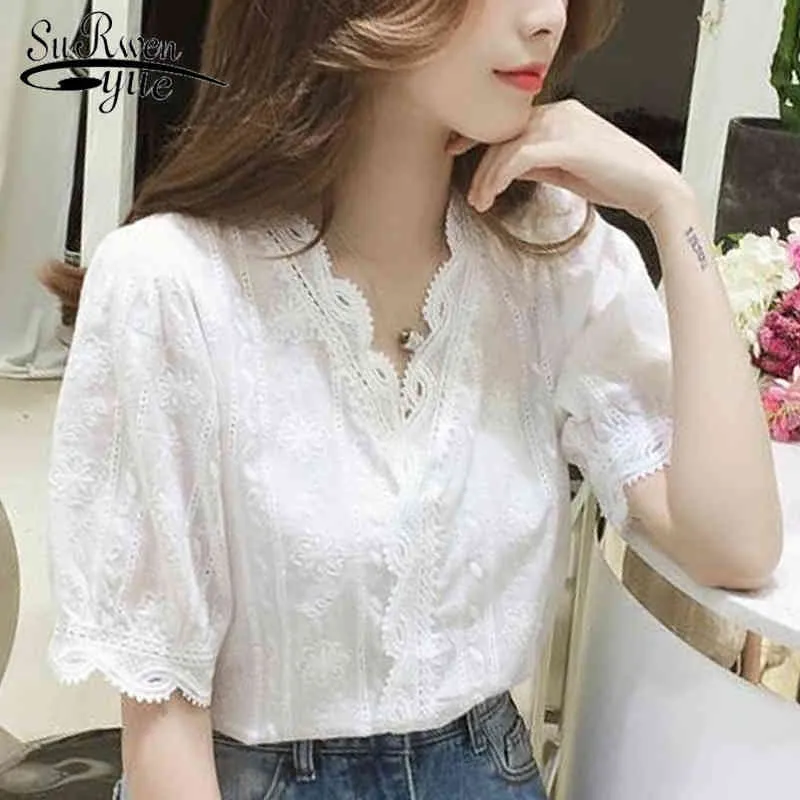 Fashion Summer Lace Women Blouse Party Women Clothing Short Sleeve V-neck Elegant White Womens Tops and Blouses 5137 50 210518