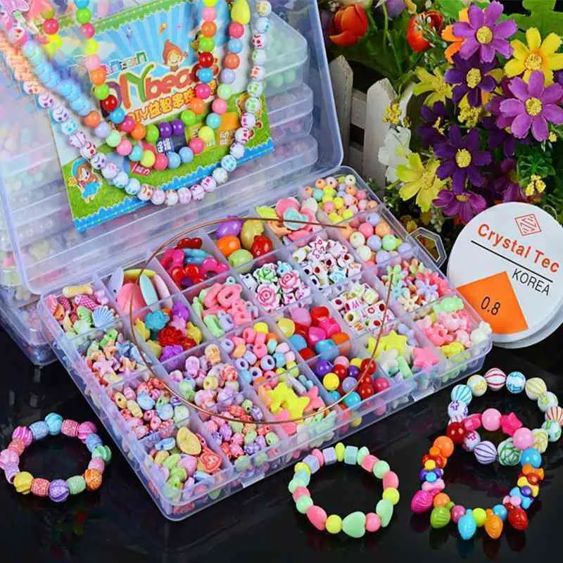 1Box ​​Criança Criança Criativa Kids Kit Loose Beads Crafts DIY Pulseira Colar Jóias Crianças Brinquedo Presente