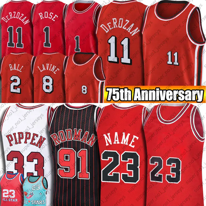 23 Michael DeMar Zach DeRozan LaVine Jersey Koszykówka Retro Dennis Lonzo Rodman Koszulki z piłkami Scottie Derrick Pippen Rose Koszulki z okazji 75. rocznicy