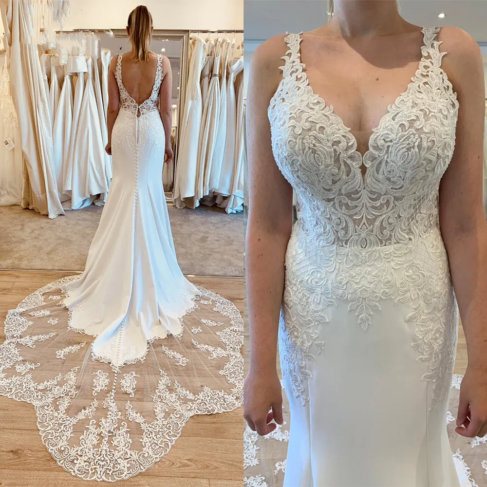 2022 Simple Long Train Wedding Dresses Bridal Gowns Mermaid V-neck Open Back Satin Tulle Lace Appliques Elegant Sexy Bride Dress Custom Made Backless Beach Vestidos