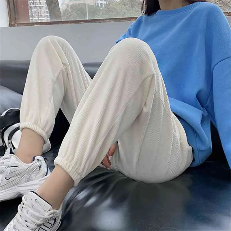 Corduroy Ankle Banded Solid Loose Women Pants High Waist Pockets Ankle-length Sweatpants Trousers Spring Fashion Casual 210518
