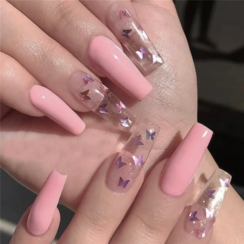 24PCS Butterfly False Nails Tips Pure Color Transparent Long Ballerina Fake Nail Tip Coffin Full Cover Fingernails Decoration