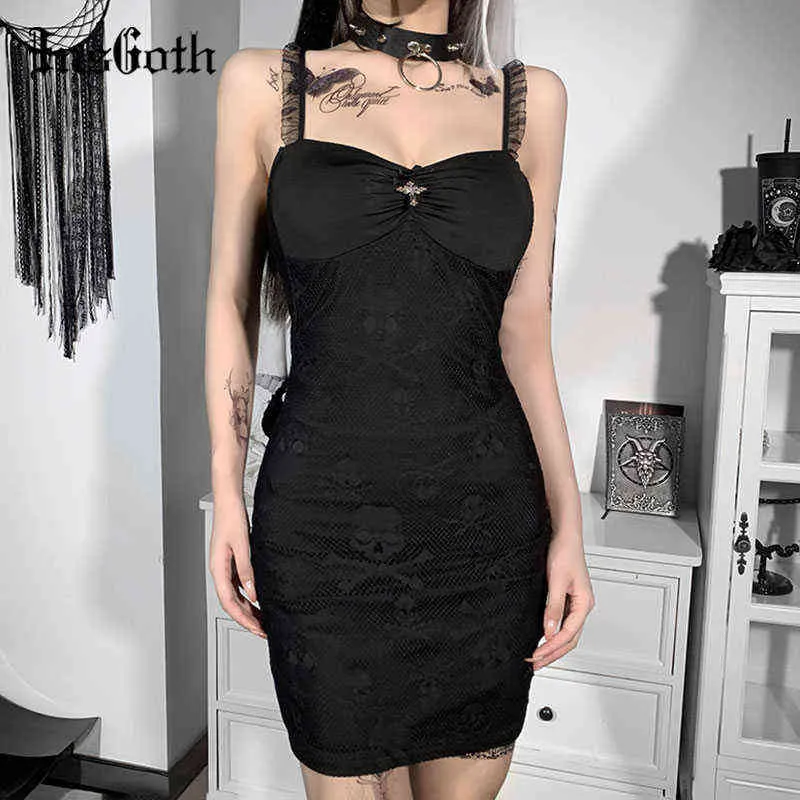 Insgoth skalle grafisk svart mini klänning goth cross pendant hög midja fest klänning retro eleganta sexiga ofterslösa kvinnor klänningar y1204
