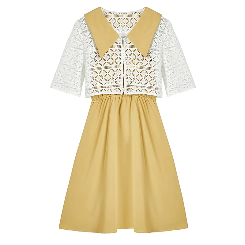 Żółty Zielony Różowy Koronki Hollow Out Peter Pan Collar Z Krótkim Rękawem Linia Mini Dress Elegancki Letni Dwuczęściowy zestaw D1687 210514