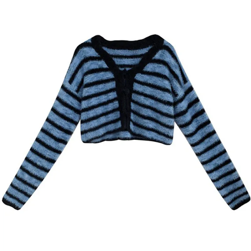 Femmes bleu noir rayé pull tricoté à manches longues col en V simple boutonnage Cardigans Mohair M0464 210514