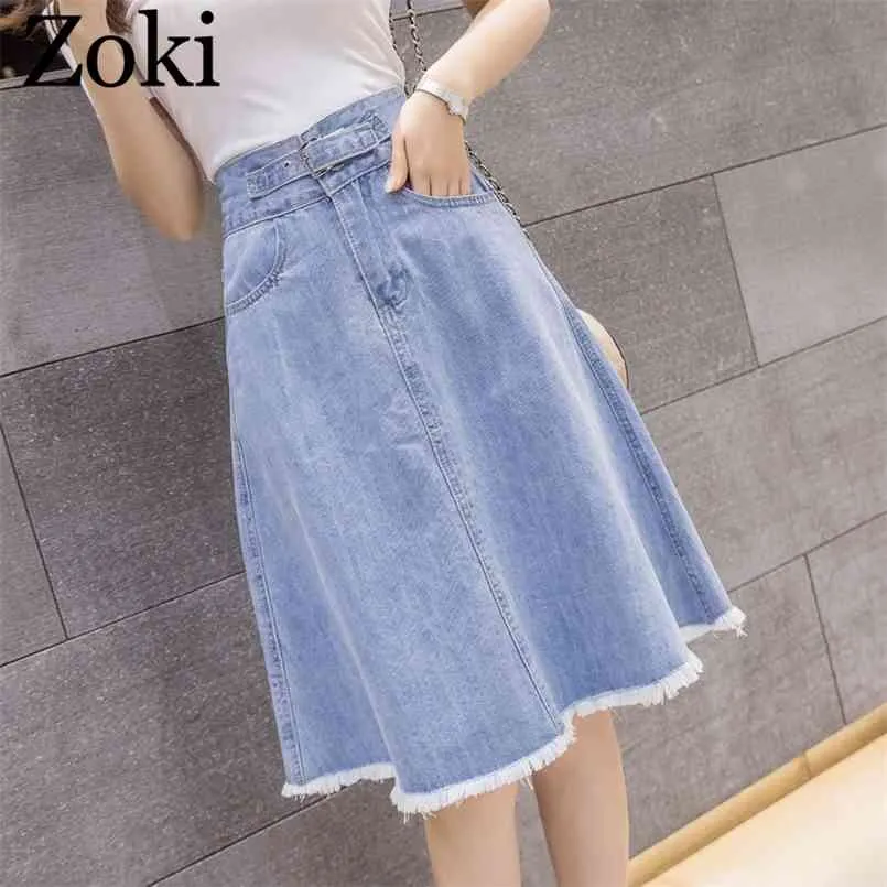 Zoki Lato Kobiety Midi Denim Spódnica Moda Casual Tassel A-Line Harajuku Kobieta Lekkie Niebieskie Dżinsy Elegancka Kieszeń Moda Mujer 210708