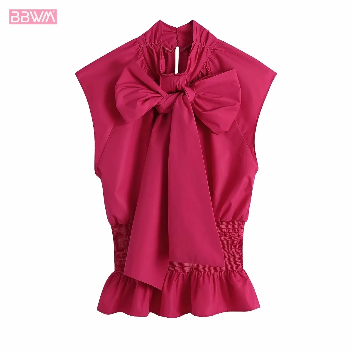 Women Fashion Pleated Elastic Hem Blouse Vintage Bow Tie Sleeveless Blouse Chic Female Tops 210507