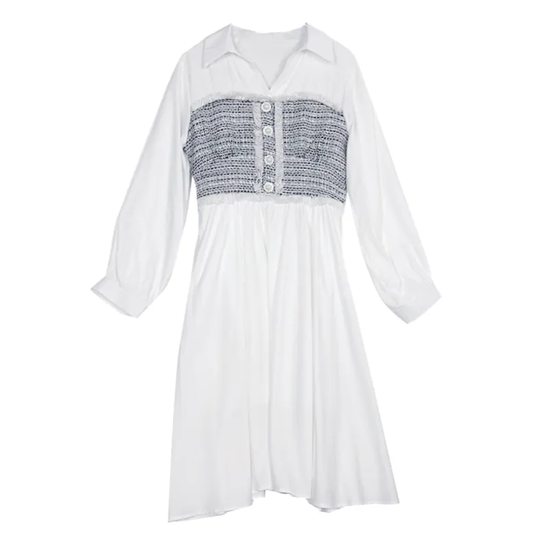 Blanc Tweed Patchwork col rabattu bouton à manches longues a-ligne genou longueur chemise robe automne D1975 210514