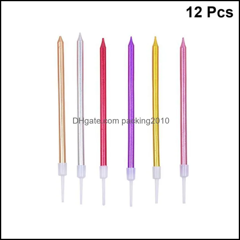 12PCS Metal Plated Pencil Candle Decorative Birthday Cake Topper Cake Candle for Party Ornament Assorted Color