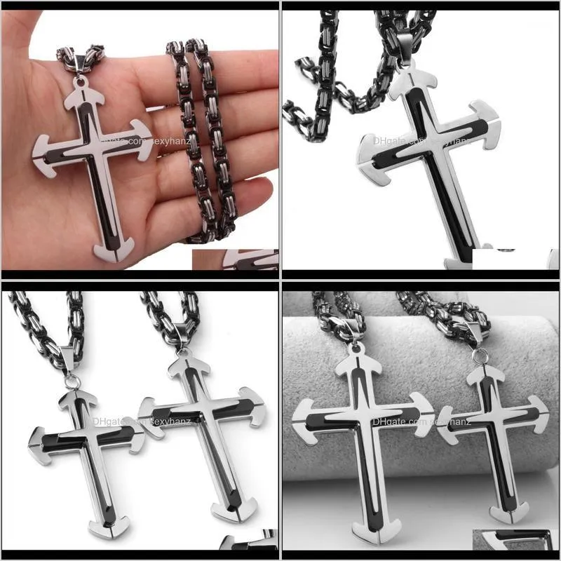 Catholic Church Stainless Steel Jesus Cross Necklace Religion Crucifix Pendant Fashion Byzantine Link chain For Men & Women1