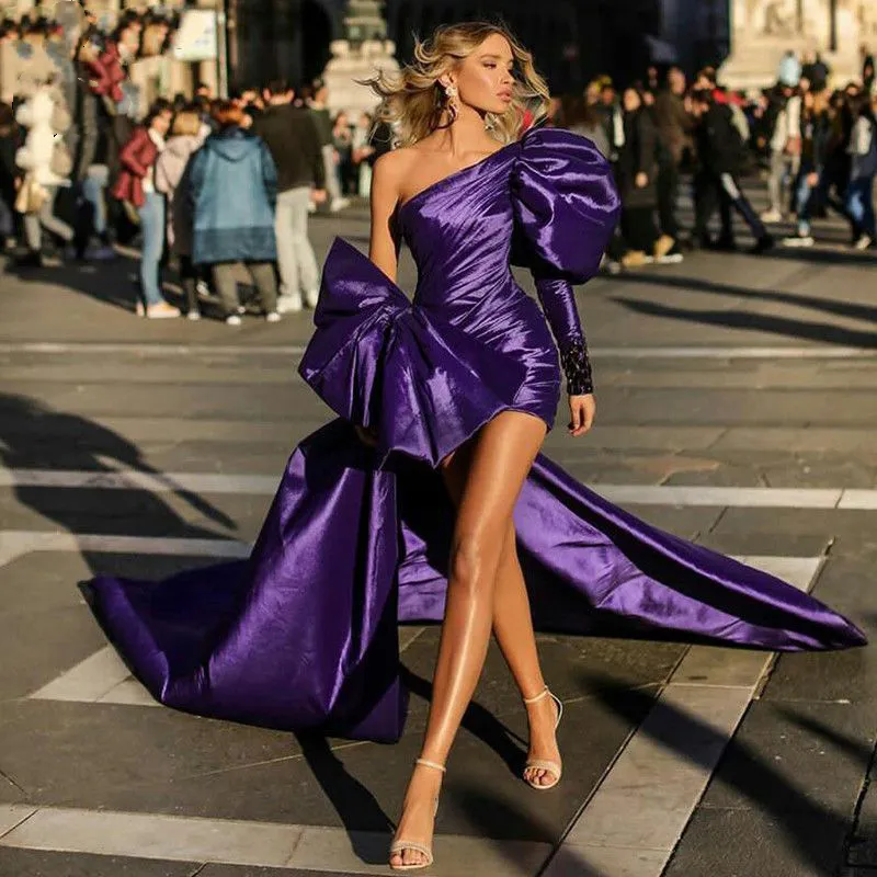 2022 Sexy Purple Short Sheath Prom Dresses With Detachable Train Bow One Shoulder Long Sleeve Evening Gowns Women Pageant Dress Robes De Soirée