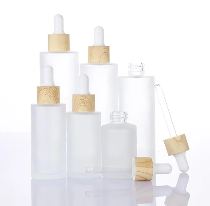Natural Bamboo Caps Frosted Glass Dropper Bottles with Empty  Oil Packaging Container 20ml-100ml SN3302