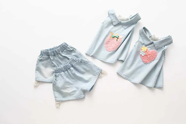 Girls Clothes Summer 2-10 Years Old Kids Embroidery Lovely Flower Heart Vest T Shirt+Shorts Lace Denim Blue 2 Piece Sets (12)