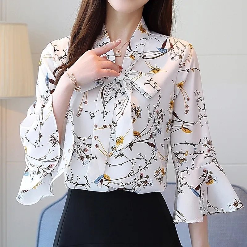 White Chiffon Bow V-Neck cut blouse with Transparent Print