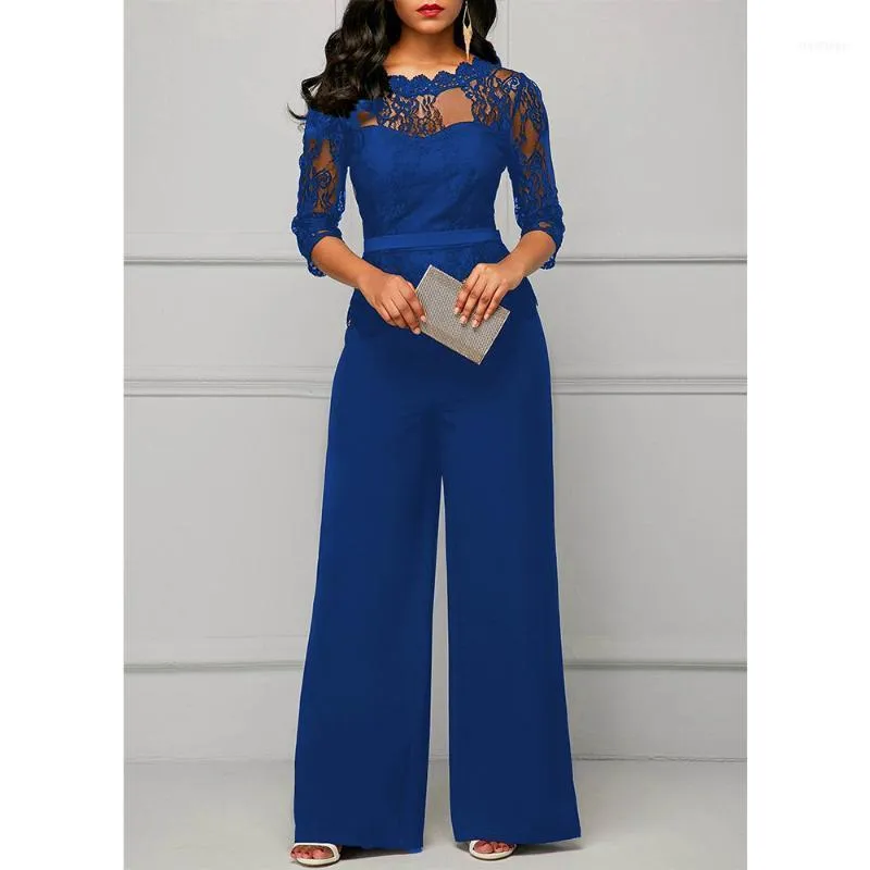 Jumpsuits femininos Macsuits 2021 mulheres sexy cintura alta palazzo jumpsuit 3/4 manga uma peça lace peplum com longa perna larga calça três quart