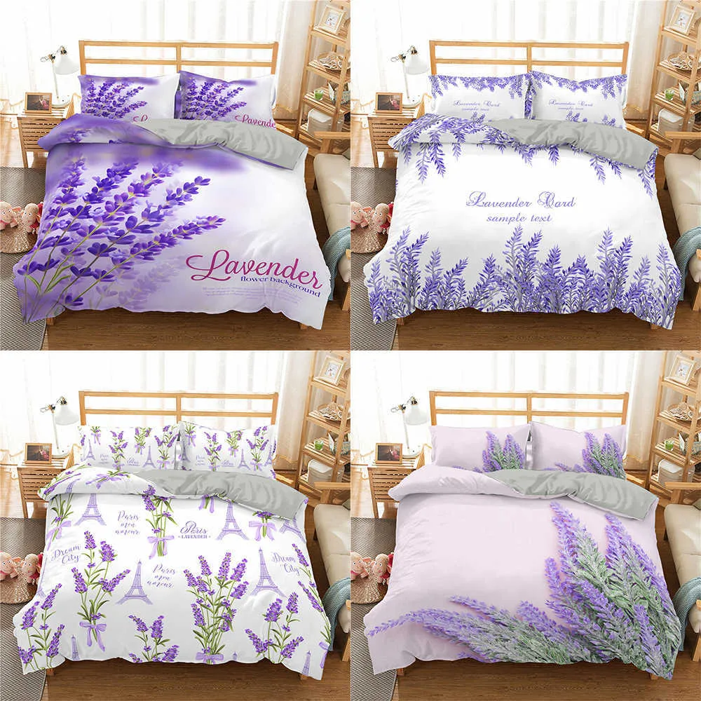 Lavendel Flower Bedding Set Lila Duvet Cover King Queen Size Quilt Vuxen Barn sängkläder Trevlig 2 / 3pcs 210615