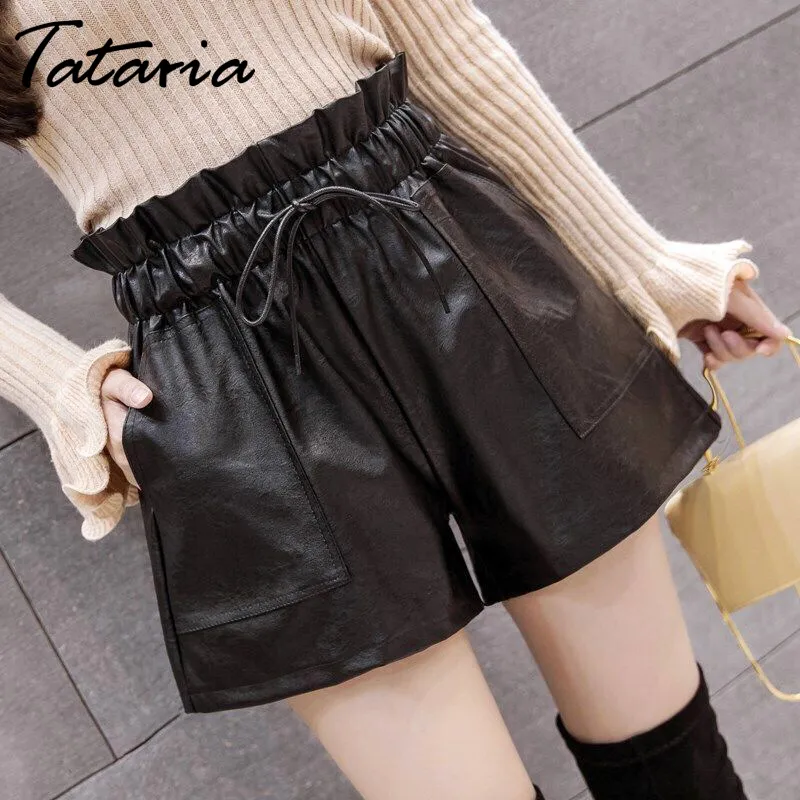 Tataria hoge taille PU lederen shorts voor vrouwen herfst winter losse wijde been dames sexy elegante 210514