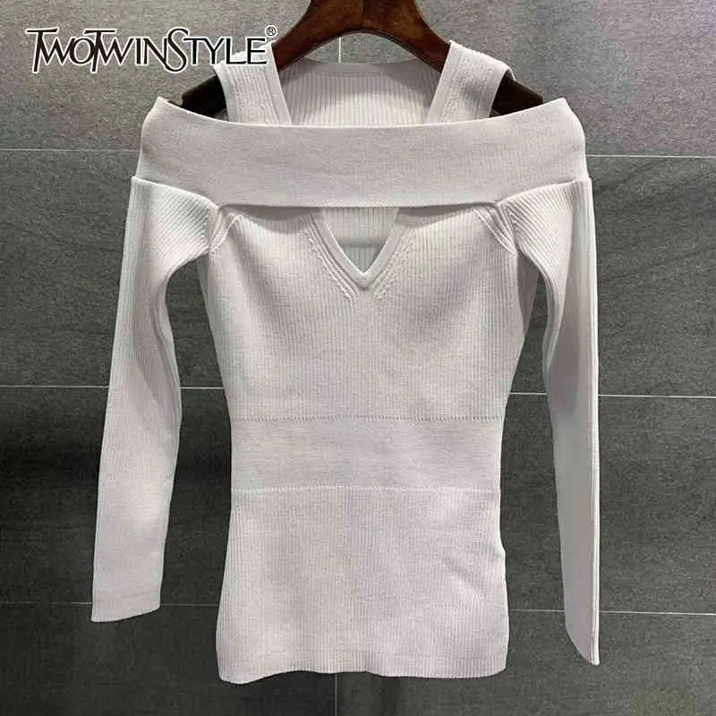 Pullover neri lavorati a maglia sottili per le donne colletto quadrato manica lunga scava fuori maglione sottile moda femminile 210524