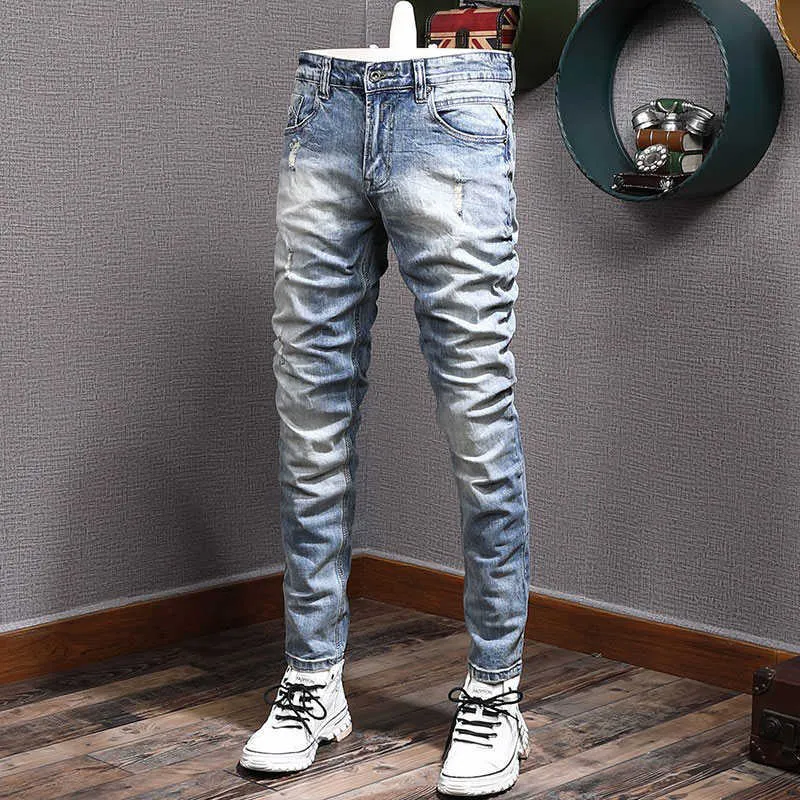 LY Designer Fashion Men Jeans Retro Light Blue Elastic Slim Fit Farted Hole Roading Vintage Rapide повседневные джинсовые штаны 28ds