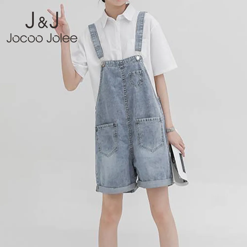 Jocoo jolee vrouwen zomer korea preppy stijl krimpen rechte borstplaten losse hoge taille pocket cowboy rompertjes playsuits 210518