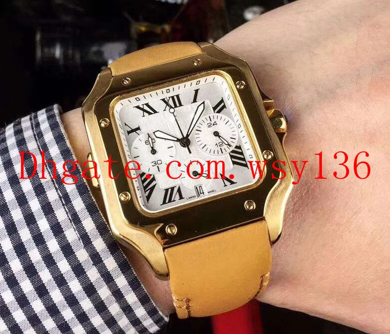 Herrenarmbanduhren 100 XL 40 mm 18 Karat Gelbgold Japan Multifunktions-Chronograph Quarzwerk Herrenuhren braunes Lederband