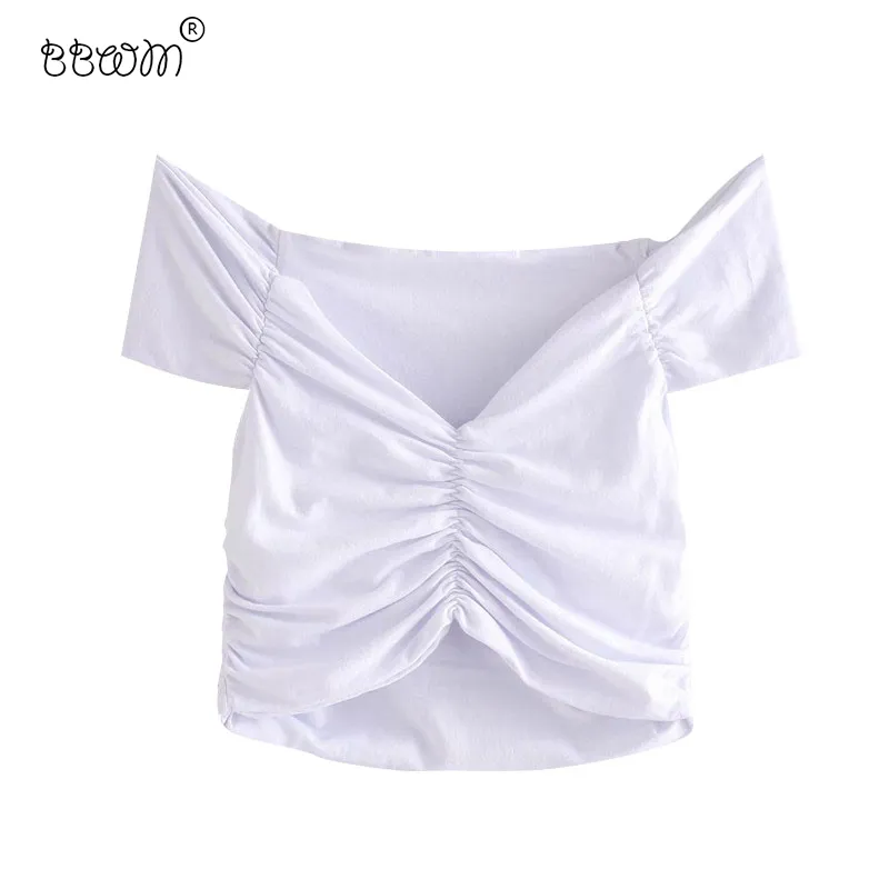 Женщины сексуальные моды рухнутые подрезанные блузки Vintage V шеи с коротким рукавом эластичные рубашки женские шикарные короткие вершины 210520