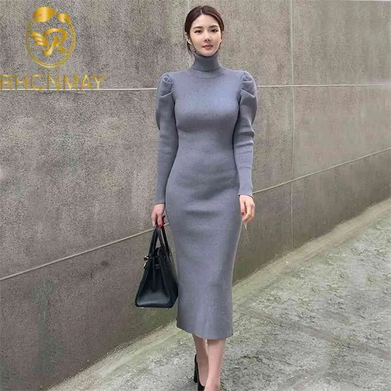 God kvalitet turtleneck elegant stickad tröja kvinnor klänning puff ärm damer fest bodycon höst vinter midi 210506