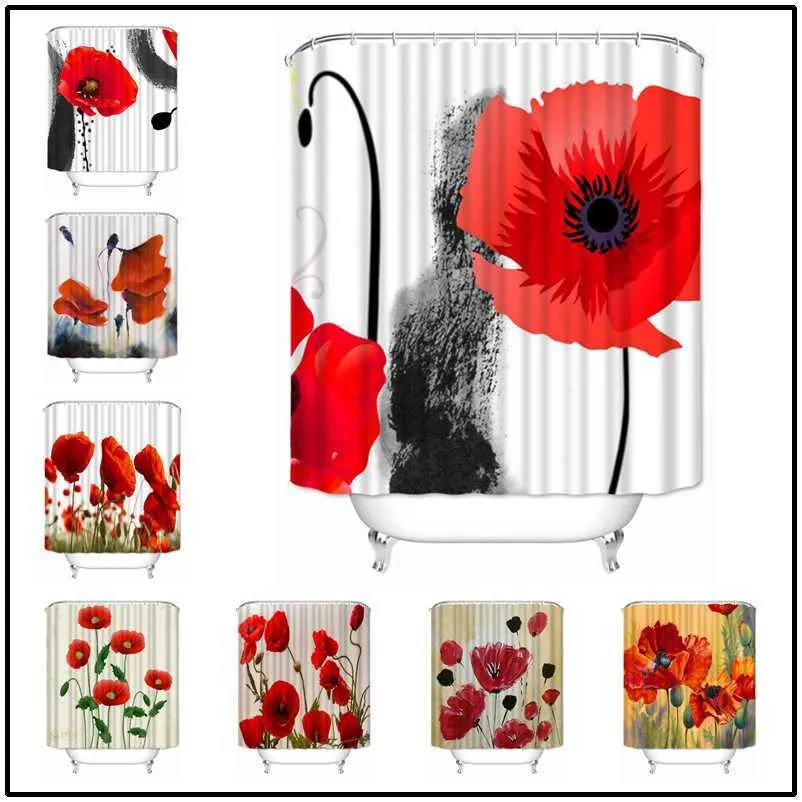 Musife Custom High Quality Poppy Flower Shower Curtain Waterproof Bathroom Polyester Fabric Bathroom Curtain 210609