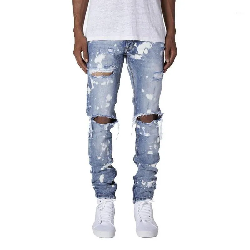 Men's Jeans Men Ripped Skinny Distressed Destroyed Slim Fit Stretch Biker Washed Pants With Holes Full Length