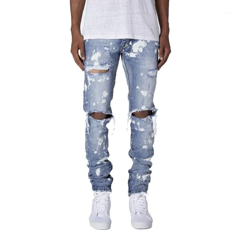 Mäns Jeans Men Rippade Skinny Distressed Destreed Tim Fit Stretch Biker Tvättade byxor med hål Full längd